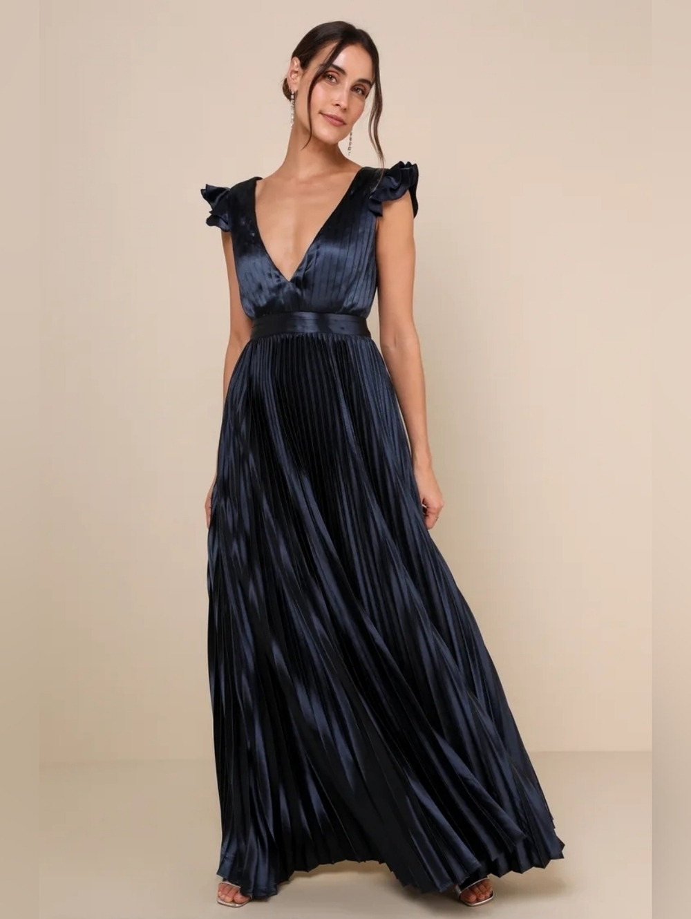 Lulus Exceptional Drama Navy Blue Satin Lace-Up Pleated Maxi Dress S Wedding - Picture 2 of 10
